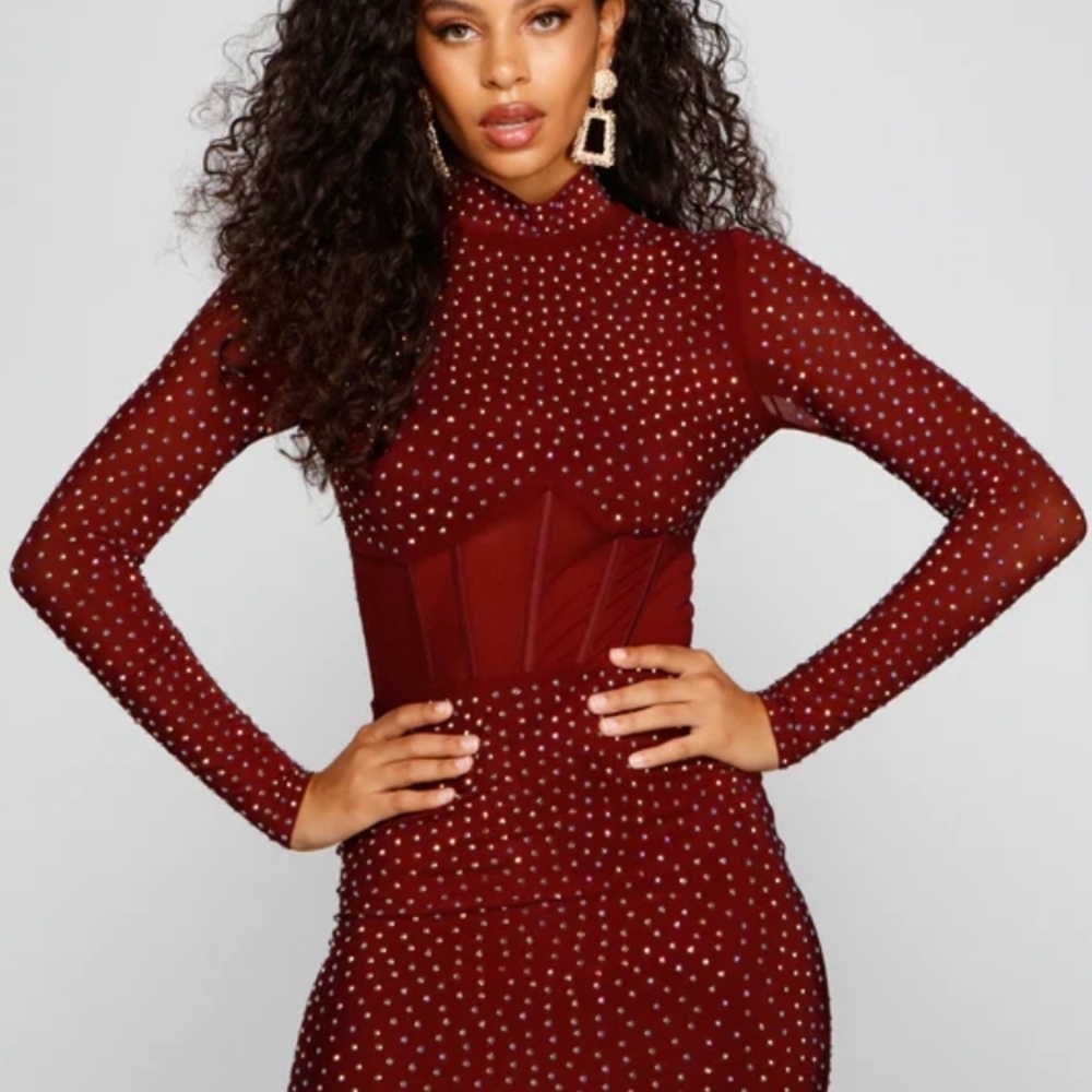 Elegant Burgundy Studded Dress